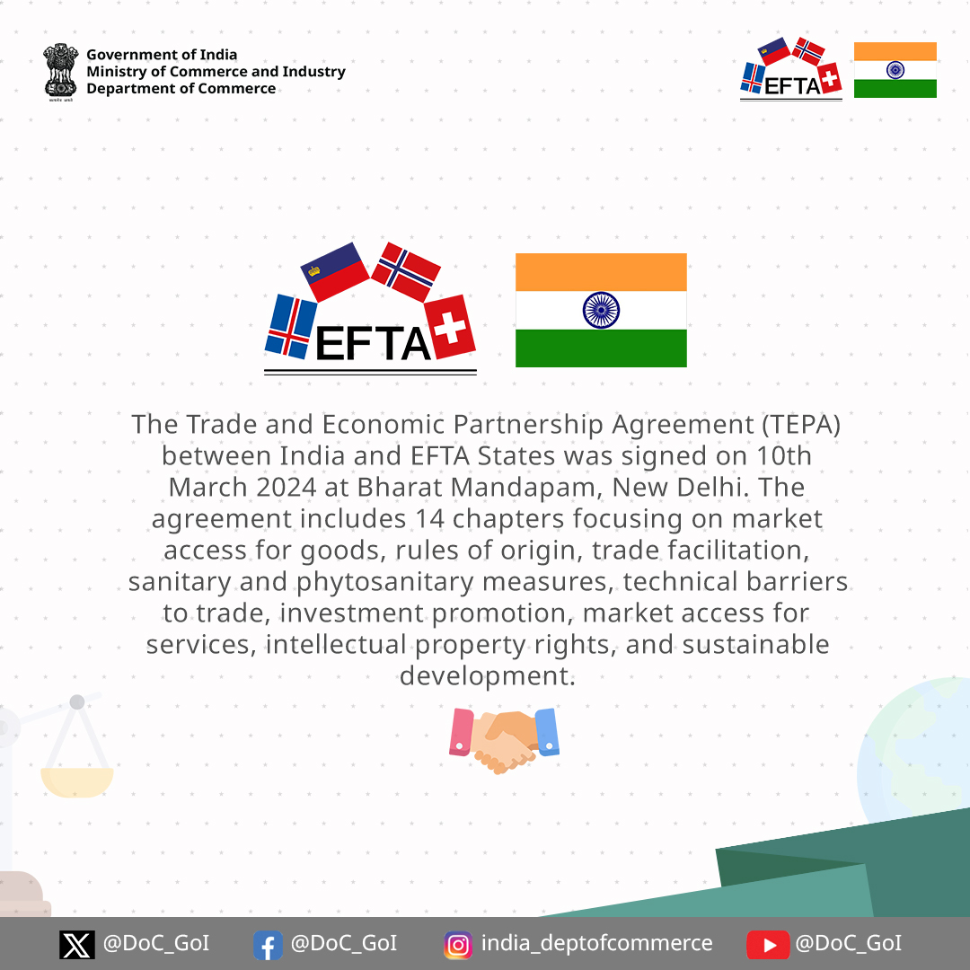 Discover the key highlights of the India-EFTA TEPA, signed on 10th March 2024, focusing on comprehensive trade and economic cooperation between India and EFTA States. #EFTA #DoC_GoI