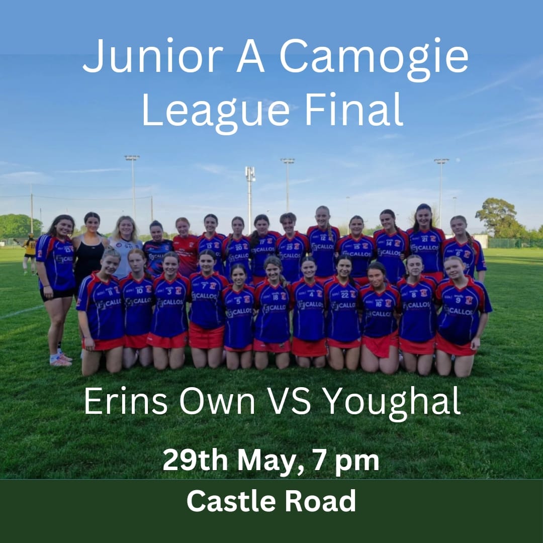 It's match day for the Junior Camogie team who take on Youghal in the League Final at 7pm this evening! Please get out to support the girls. There may be a charge of €5 at the gate, cash only. Good luck to all players and coaches!
 🟥🟦 🟥🟦
#RoghaEireannAbú
