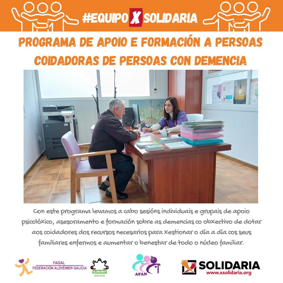 A figura do coidador/a é imprescindible. En <a href="/FagalAlzheimer/">Federación Alzheimer Galicia</a> sábeno e por iso teñen un programa de apoio ás persoas coidadoras. Puido financiarse grazas ás persoas que forman parte do #EquipoXSolidaria, que marcaron o #cadro106 na súa declaración da #renda.
