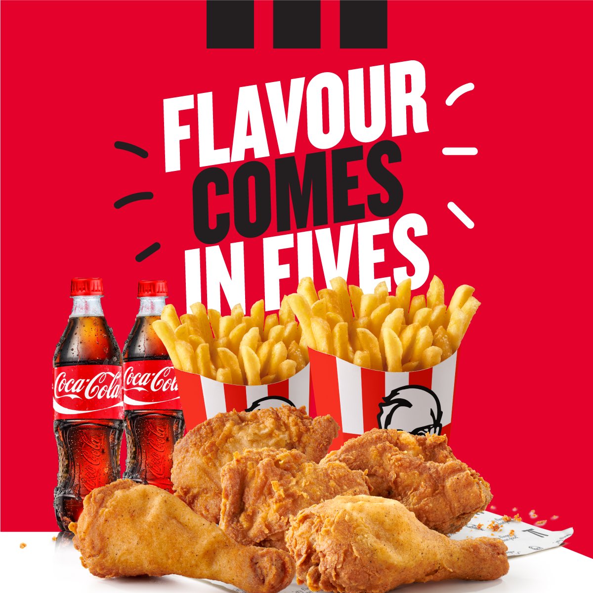 Come try out our finger lickin' goodness 5 pcs of chicken, 2 regular chips and 2 350ml cold drinks all for UGX 43,000. Dine In, Drive-thru or order a take way and enjoy blissful flavour. #ItsFingerLickinGood