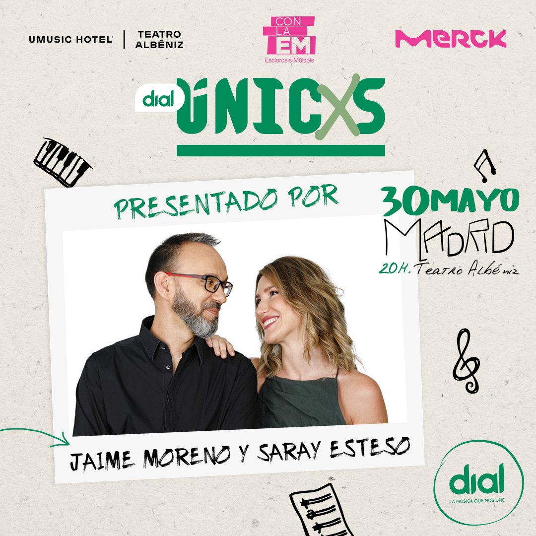 #DialUnicxs x #ConLaEm 💚

¡No podíamos faltar! 😍 Por segundo año consecutivo, <a href="/JaimeDial/">Jaime Moreno C.Dial</a> y <a href="/SarayEsteso/">Saray Esteso</a> presentan nuestro concierto más especial:

#DialConLaEm #DíaMundialEsclerosisMúltiple #MiDiagnosticoDeEM <a href="/Cadena_Dial/">Cadena Dial España</a>