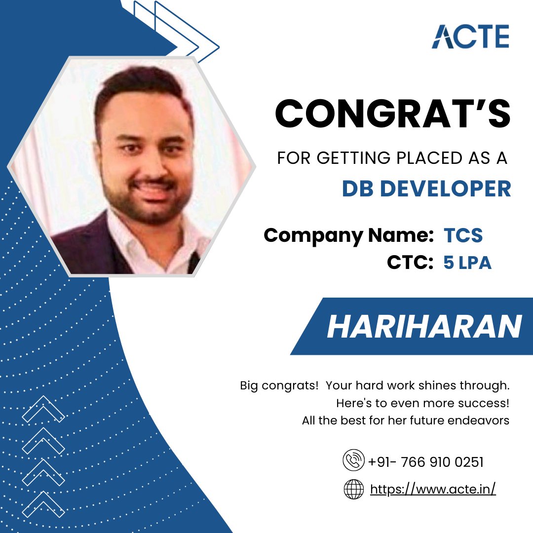 ACTEindia's tweet image. Congratulations on your achievement! Landing a role as a Database Developer at TCS is a testament to your hard work and dedication. Wishing you continued success and fulfillment.
#Acte #DatabaseDeveloper #CareerSuccess #Congratulations #TechTalent #DreamJob #AchievementUnlocked
