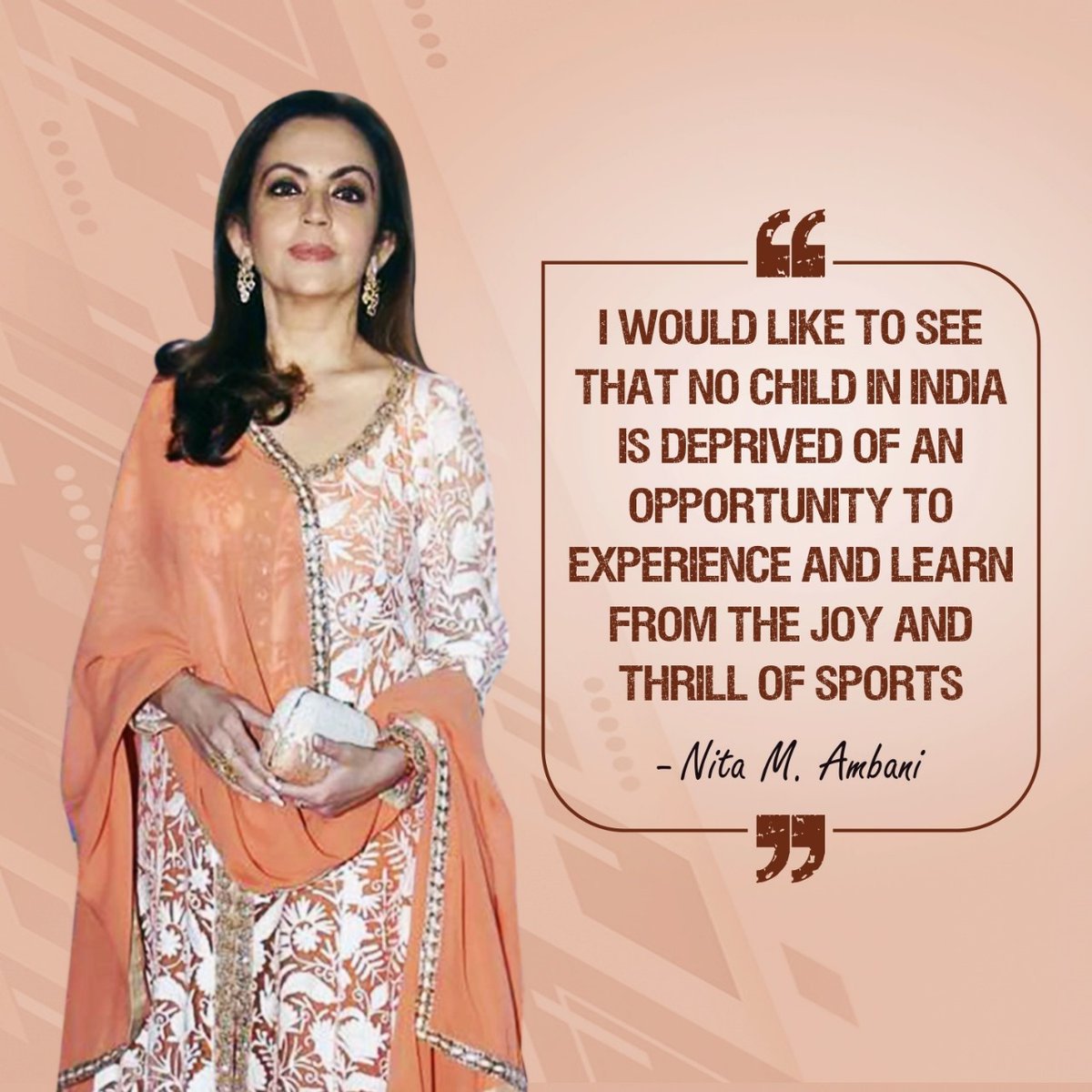 A woman with a golden heart, Mrs. Nita Mukesh Ambani, has a vision to empower young India through sports, creating opportunities for a brighter tomorrow. #NitaAmbani #Sports #Ambani #inspirationalquotes #motivational #RelianceFoundation #India