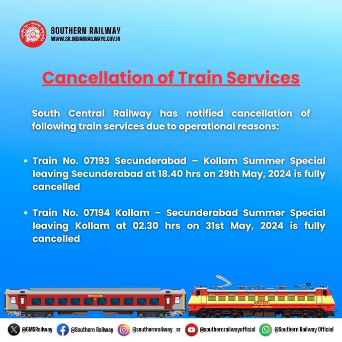 Passengers Urgent Attention!

The following train services are cancelled due to operational reasons.

Plan your travel accordingly.

#Railalerts #Trainupdates #Trainservices 

@GMSRailway @RailMinIndia