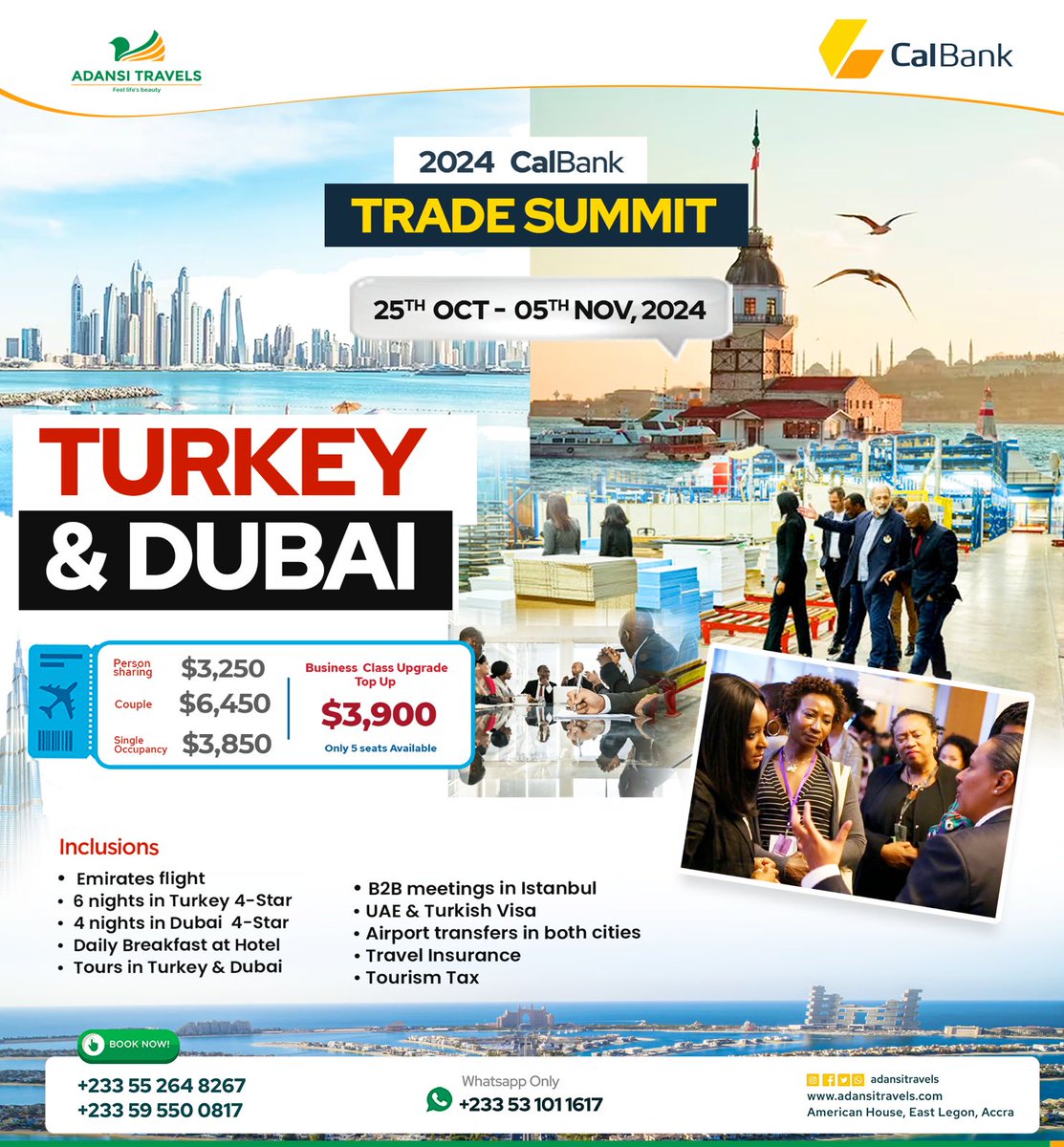 Join the exciting 2️⃣0️⃣2️⃣4️⃣ CalBank Trade Summit from 25th Oct - 5th Nov 2024 in Turkey and Dubai. This top event offers amazing networking and business chances in these vibrant cities.

Get to attend B2B meetings to build valuable connections and explore growth opportunities.
