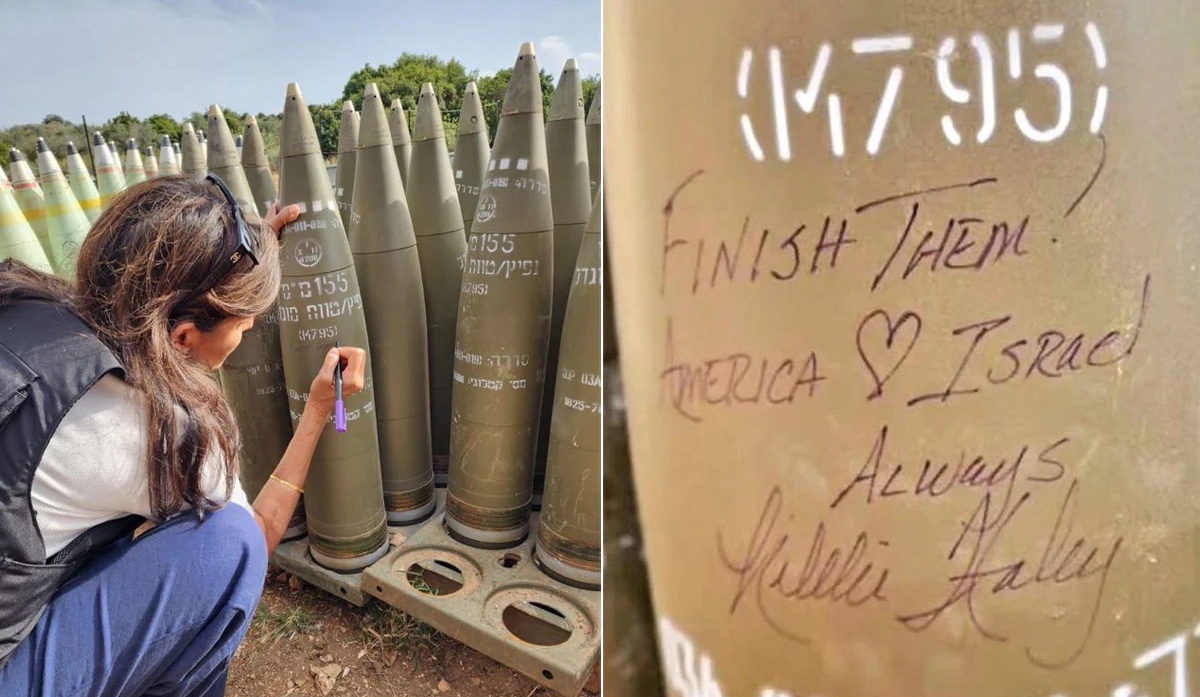 look at this photo of former US ambassador to the UN Nikki Haley signing an israeli 155mm shell with the words 'finish them!', and then read this piece by @dcli: lpeproject.org/blog/imperiali…