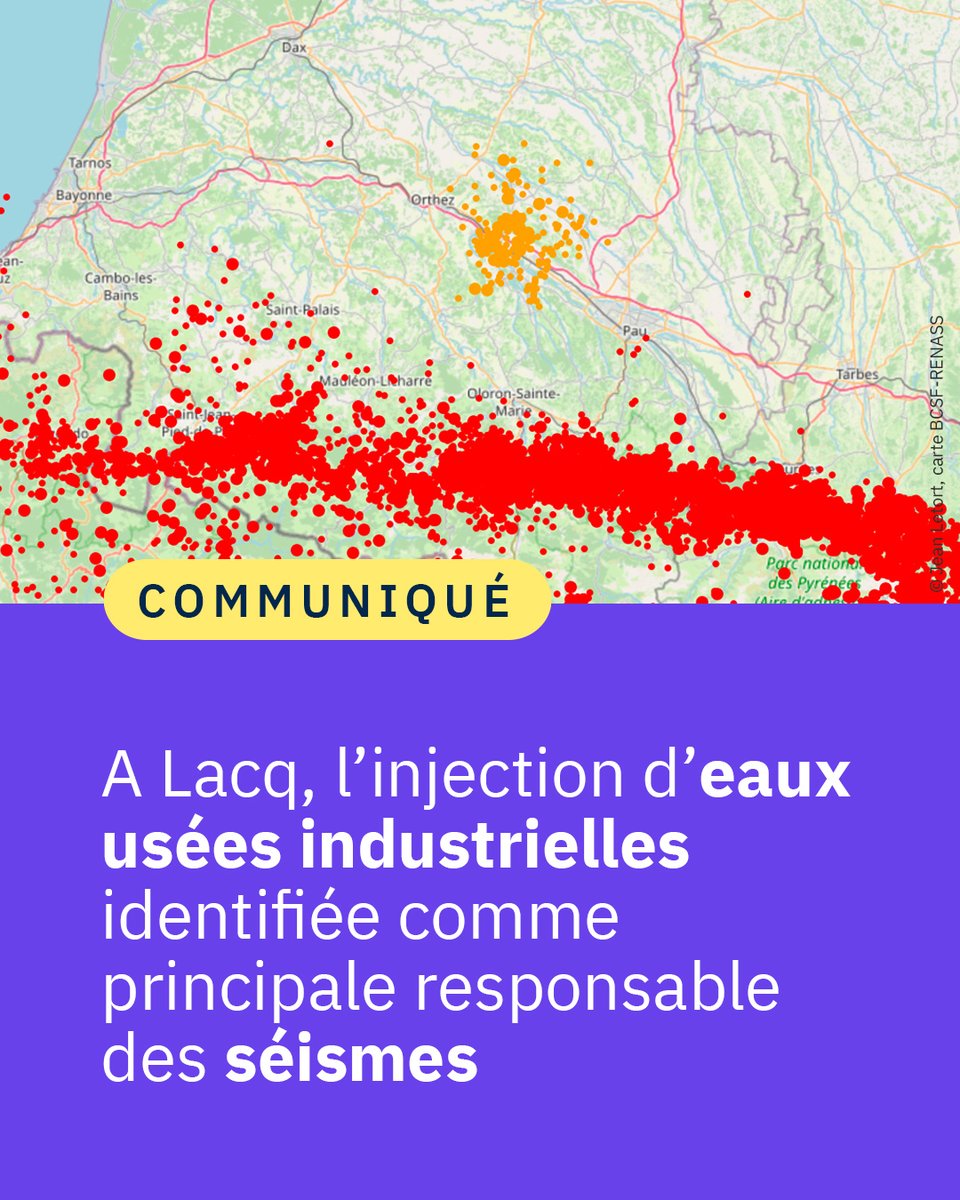 #Communiqué 🗞️ Une étude internationale vient confirmer que les injections d’eaux usées industrielles sont à l’origine de la sismicité détectée dans les Pyrénées-Atlantiques, dont la cause exacte n'était pas clairement identifiée jusque-là. 👉 cnrs.fr/fr/presse/lacq…
