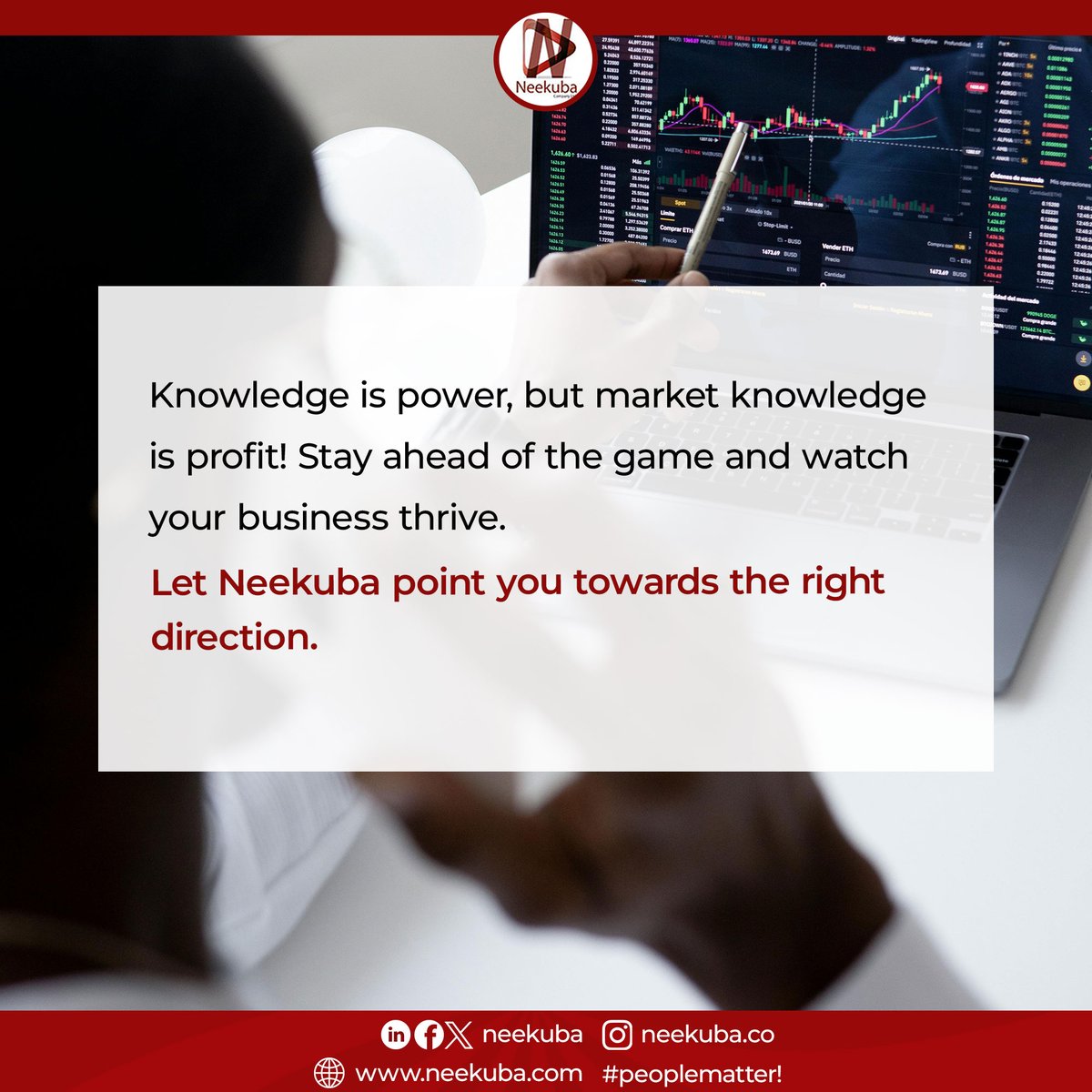 Knowledge is power, but market knowledge is profit! Stay ahead of the game and watch your business thrive.
Let Neekuba point you towards the right direction.

#neekuba #peoplematter #marketknowledge #businesssuccess #wednesday