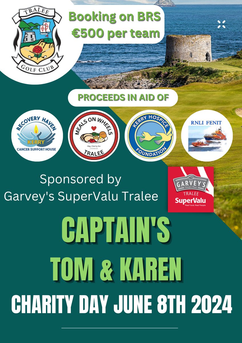 Our Captain's Tom O' Driscoll & Karen Gearon Charity Day, date has been set for June 8th 2024. A special thanks to our sponsor Garvey's SuperValu Tralee. You can book your team via the link at below. 
tinyurl.com/TGLCC23