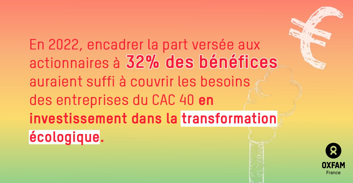 En 2022, les entreprises du #CAC40 ont versé 76% de leurs bénéfices à leurs actionnaires, alimentant un modèle court-termiste.

Notre proposition : encadrer la part des bénéfices allouée aux actionnaires et réorienter cet argent vers la transition écologique des entreprises !