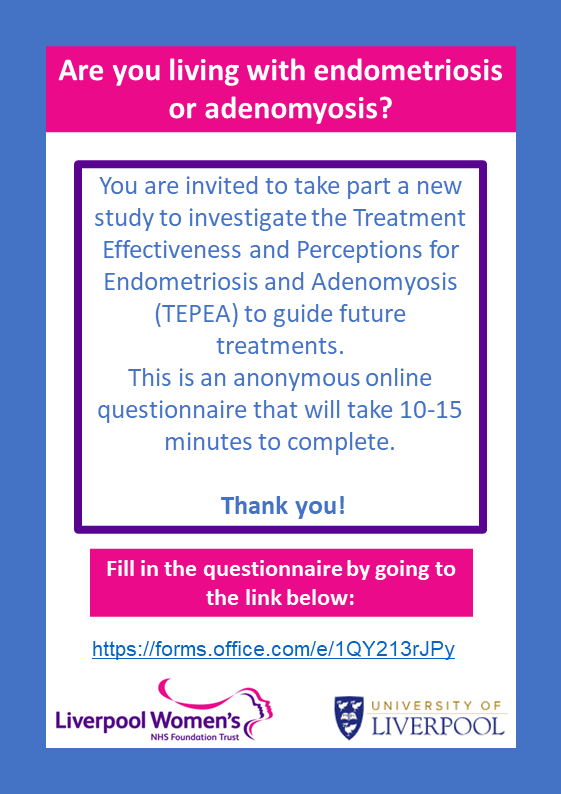 liverpoolbabies's tweet photo. Do you have endometriosis or adenomyosis? You are invited to take part in research on treatments for endometriosis & adenomyosis, conducted by @LivUni This is an online questionnaire that will take 15 mins to complete https://t.co/dkKMuctJUC
#TEPEAStudy #endometiosis #adenomyosis https://t.co/VflLfYOD6t