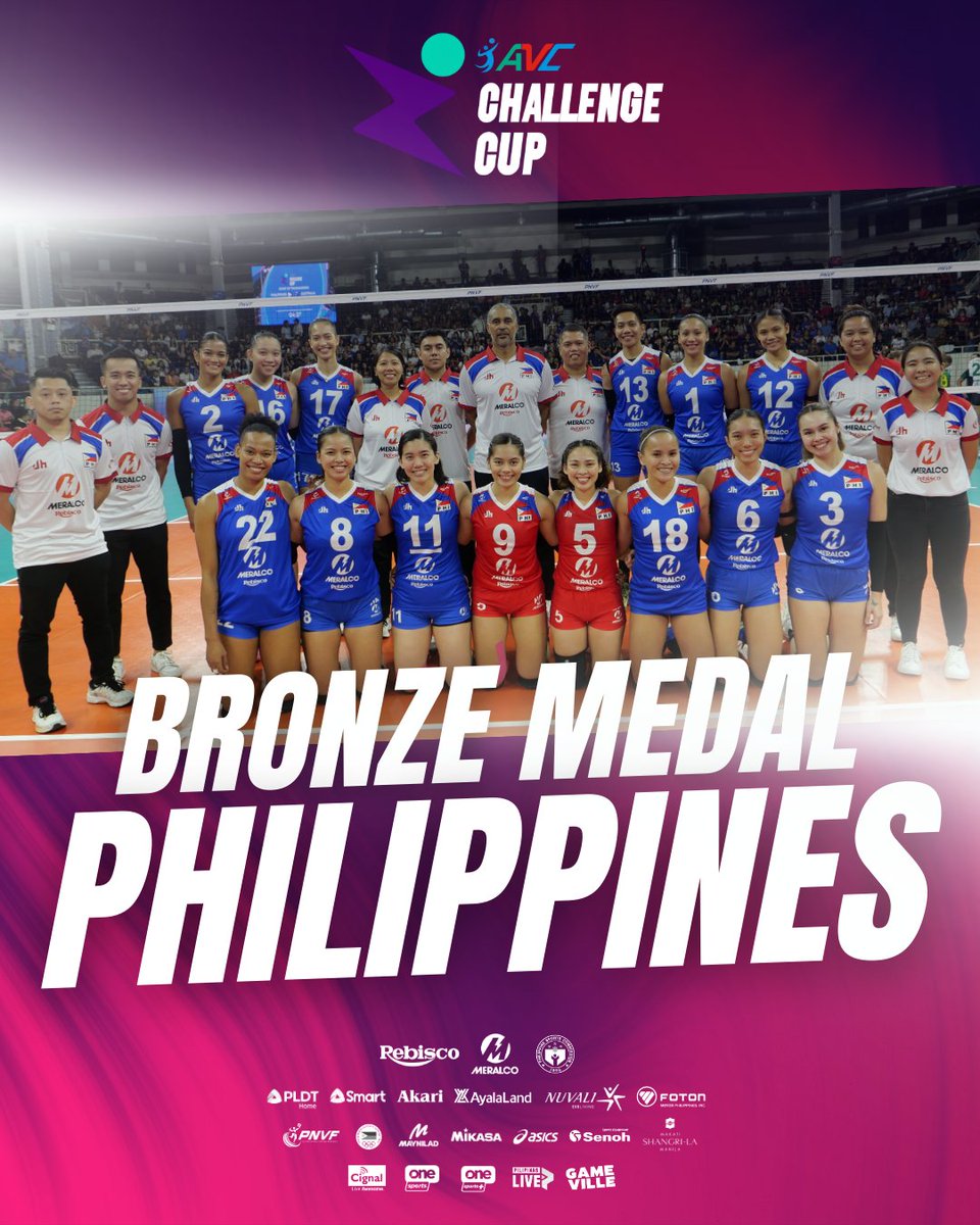 volleyball_phi's tweet photo. BRONZE for the PHILIPPINES! Alas Pilipinas makes history with their first-ever podium finish in the AVC after defeating Australia in three sets! Congratulations, Alas Pilipinas! 🇵🇭 https://t.co/CMdjzoytpC