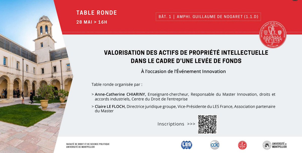 Table ronde #Droit : 'Valorisation des actifs propriété intellectuelle dans le cadre d’une levée de fonds'. Propos introductifs par A. Vernhet (VP @umontpellier), @gclamour (Doyen @Faculte_DSP_UM), A.C. Chiariny et C. Le Floch @cde_montpellier 🔗> droit.edu.umontpellier.fr/agenda/valoris…