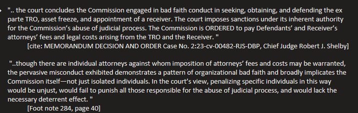 RichardHeartWin's tweet photo. Chief Judge Robert J. Shelby has sanctioned the SEC and now the SEC must pay $1.8M of the defendant's attorney fees and costs. Related to the SEC's "abuse of judicial process." https://t.co/FwHHwmeH54 https://t.co/6UUhQdxuu4