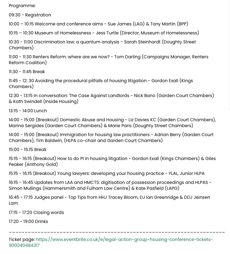 A fantastic line-up of speakers for the @LegalActionGrp housing law conference next Friday, 7 June - tickets and more info here: lag.org.uk/?id=215494