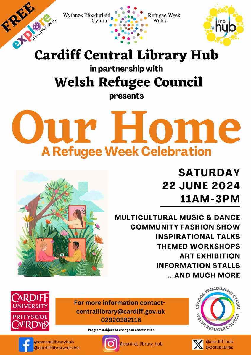 Cardiff Central Library Hub in partnership with @welshrefcouncil presents 'Our Home: A #RefugeeWeek Celebration'. 📆 Saturday 22 June, 11am-3pm. All are welcome - no need to book! @OasisCDF