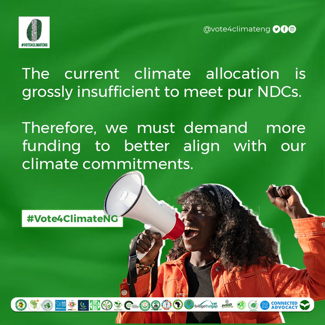 Let's raise our voices for the future we deserve! 🗣️
Engage, advocate, and help secure the necessary funding to turn our climate goals into reality. Every action counts towards a greener Nigeria. 🌍💚 

#HowFarWithOurNDCs
#FundtheClimateBudget  #Vote4Climate #Vote4ClimateNG #AACJ