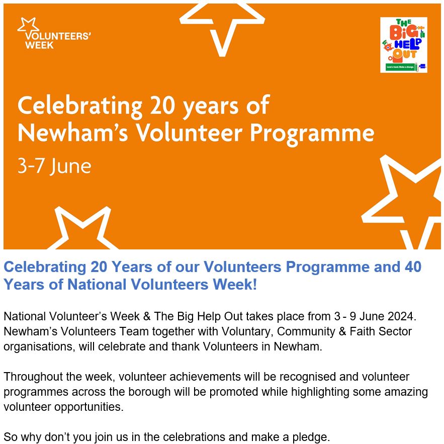 #VolunteersWeek is days away. This year we celebrate #UniquelyUs so #MakeThePledge &amp; find a volunteer role to suit you. With our Voluntary, Community &amp; Faith Sector organisations &amp; <a href="/NewhamLondon/">Newham London 💙</a>, we have MANY Volunteer roles available. Find out more here: volunteers.newham.gov.uk