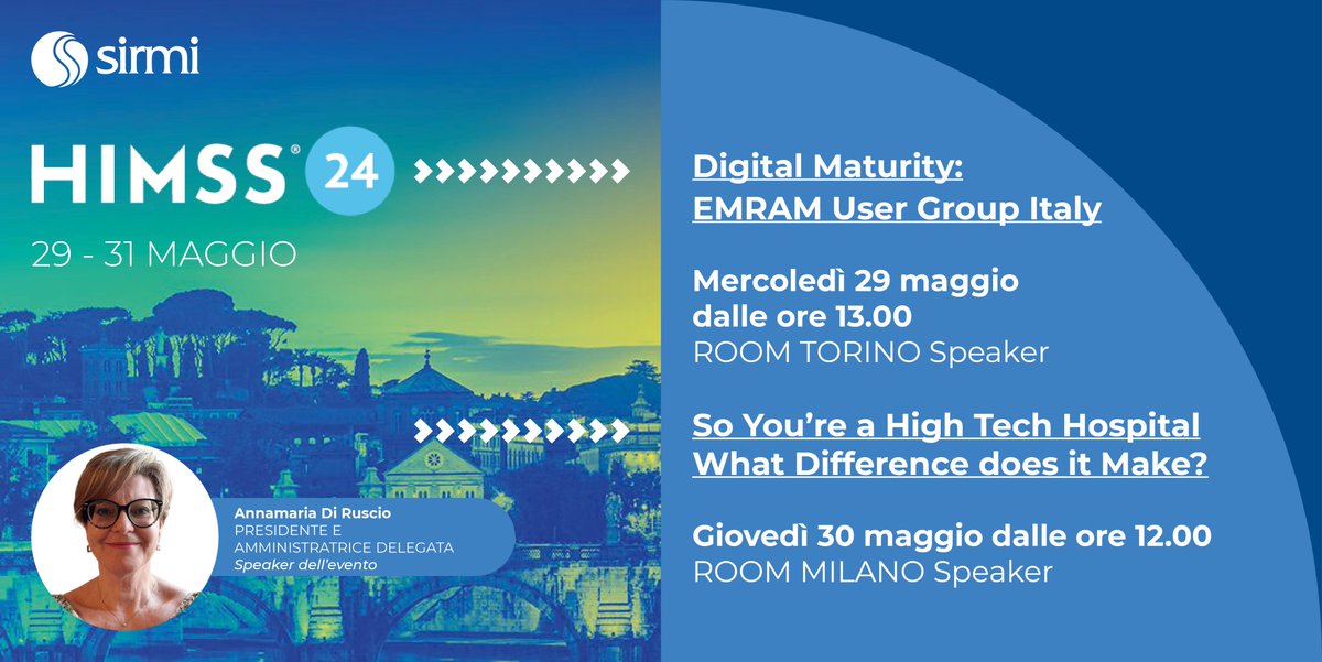 🗣️🎙️ <a href="/annadiruscio/">Annamaria Di Ruscio</a> #speakerufficiale di <a href="/HIMSS/">HIMSS</a> 24 a Roma!  

La #CEO interverrà:

📌📊 Oggi alle 13.00 “#DigitalMaturity: EMRAM User Group Italy”
📌📲 Domani alle 12.00 “So You're a #HighTechHospital - What Difference does it Make?”

Focus sulle #tecnologiedigitali. 🩺

#HIMSS24