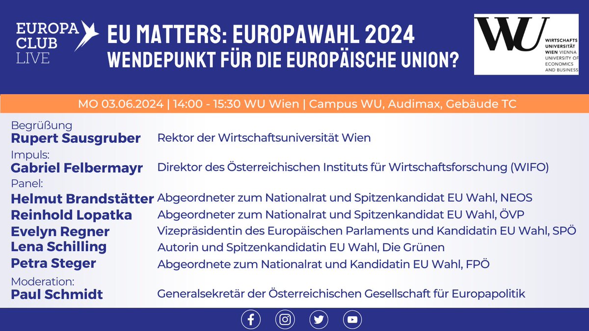 Wie wollen die EU-Kandidat:innen die Herausforderungen unserer Zeit angehen? Im Europa Club stellen sich am Montag um 14h @HBrandstaetter, @ReinholdLopatka, @Evelyn_Regner, @LenaSchilling1 & Petra Steger den Publikumsfragen in der @wu_vienna! Jetzt anmelden:📨europaclub@oegfe.at