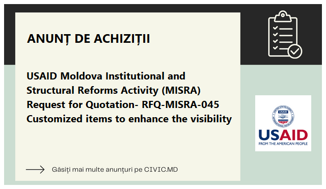 monitorulcivic's tweet image. 📣 USAID Moldova announces a Request for Quotation (RFQ MISRA-045) under the Institutional and Structural Reforms Activity. They are accepting quotes for customized items intended to enhance the visibility of the project. #USaidMoldova #RFQ #MoldovaOpportunities

Link: …
