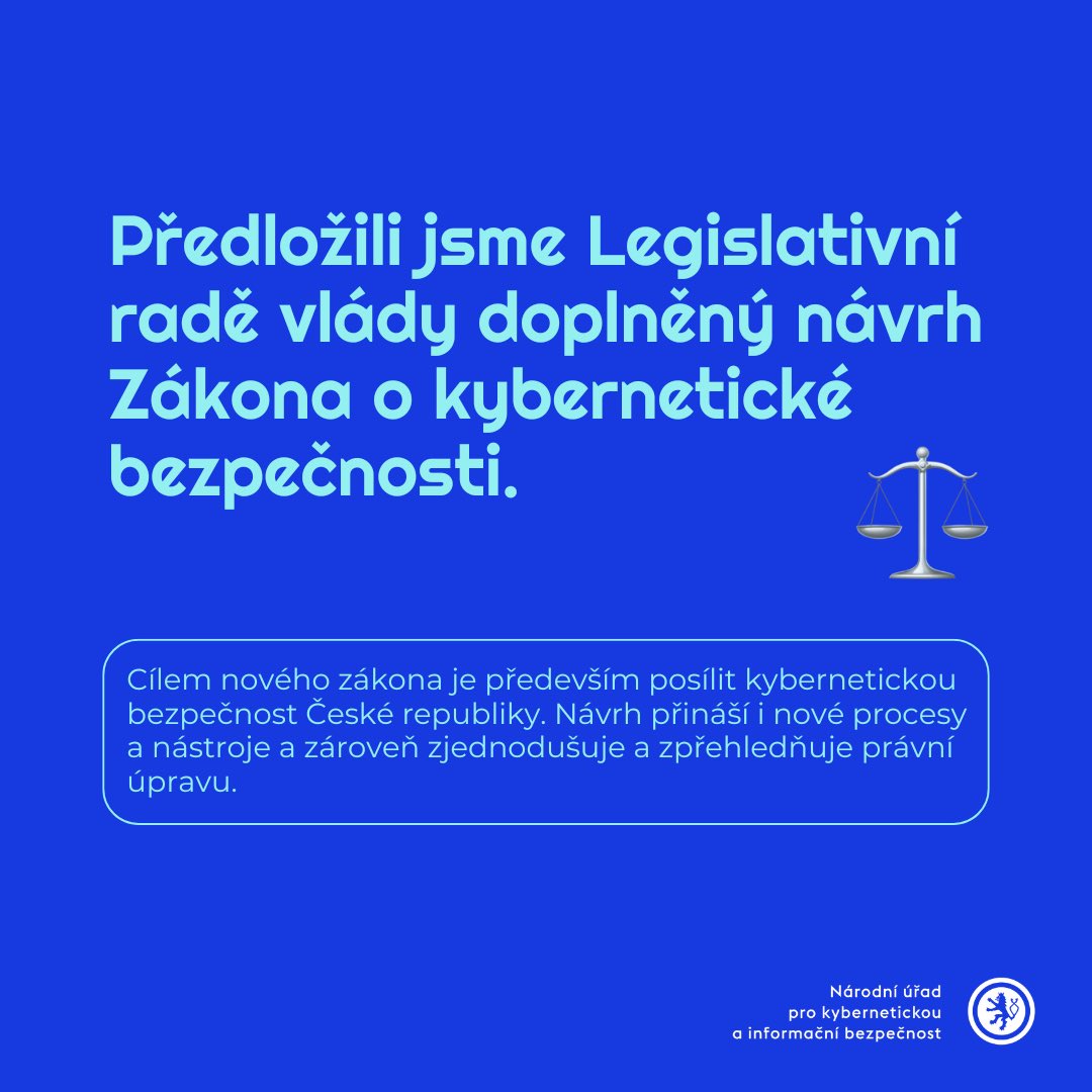 ❗️Předložili jsme Legislativní radě vlády (LRV) nový návrh Zákona o kybernetické bezpečnosti. Do tohoto návrhu jsme zapracovali užitečné připomínky od LRV, aby byl zákon jasnější a v souladu s ostatními právními předpisy České republiky. #nis2