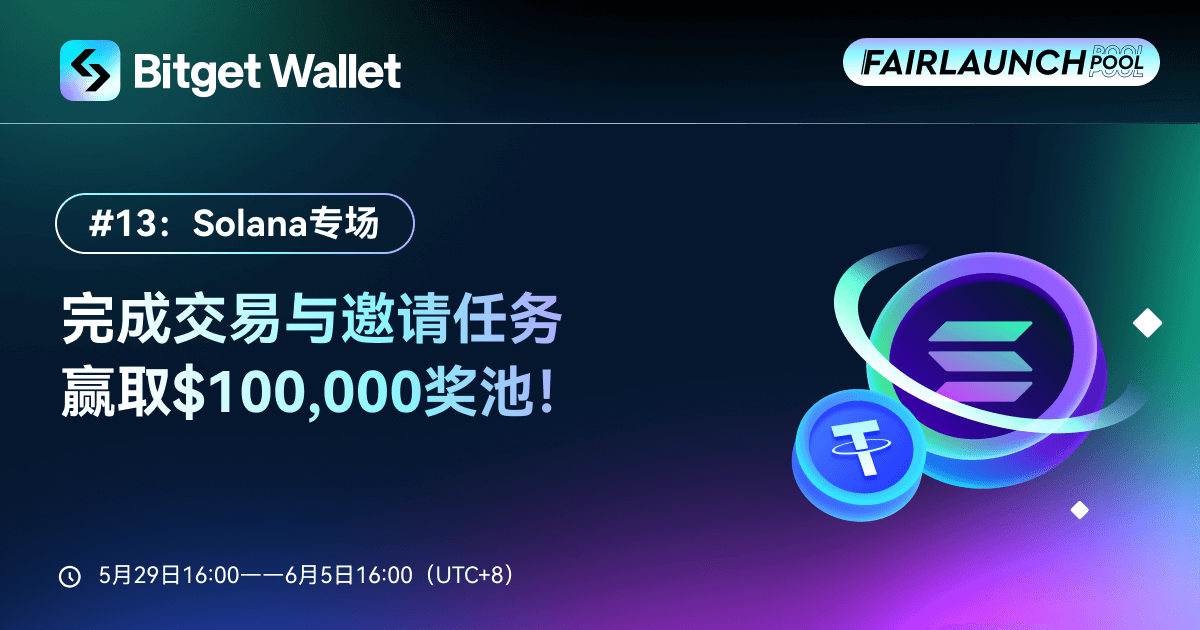 BitgetWalletCN's tweet photo. 🚀 #FairLaunchpool 第13期 @solana 专场携手 $100,000 奖池出发啦，赶紧上车，空投福利等你拿！
🤝 老规矩，用户通过 #Bitget钱包 完成 #Solana 链上交易即有机会瓜分 $80,000奖池！ 除此之外，邀请新用户一起参与，还有机会瓜分 $20,000 的邀请奖池，朋友就是你最大的财富！
💰 中奖用户预计单人可赚取 $30-$80 哦！别犹豫了，赶快拉上朋友一起做家人！

👉 如何参与：前往 Bitget 钱包 App -> 赚币中心 -> Fair Launchpool
⏰  5月29日16:00——6月5日16:00（UTC+8）

🩵 特别鸣谢来自 @bitgetglobal 优质上币项目的赞助与支持：@Undeadscom @ApeironNFT @landxfinance