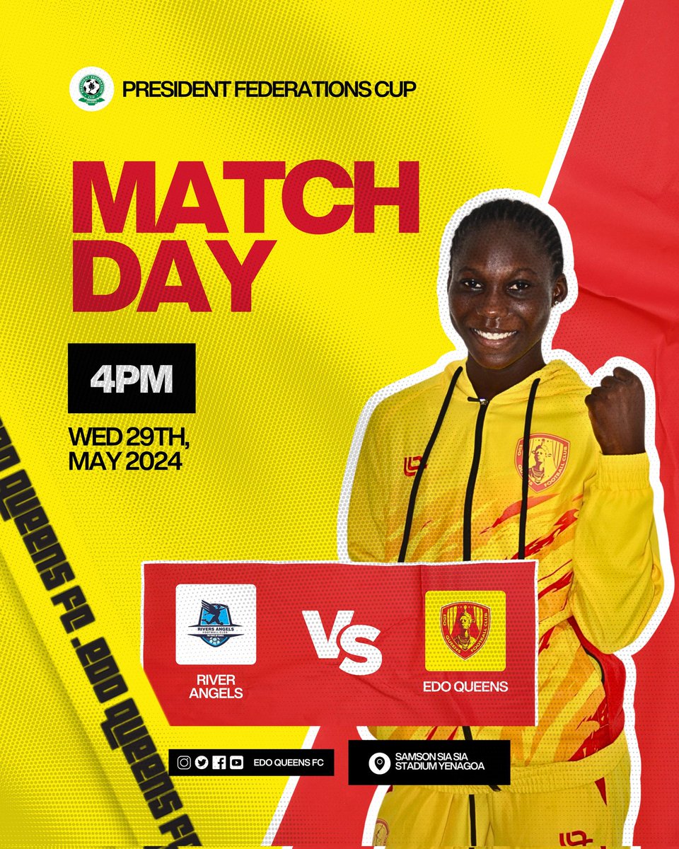 RIVALRY REKINDLED!

We go up against <a href="/Rivers_Angels/">Rivers Angels FC</a> today in the president federations cup 💪 

⌚:4pm
🏟️: Awka city stadium, Awka Anambra 

We are coming with the noise 💪 

ADAAAAA EDO QUEENS 👑 ♥️ 💛