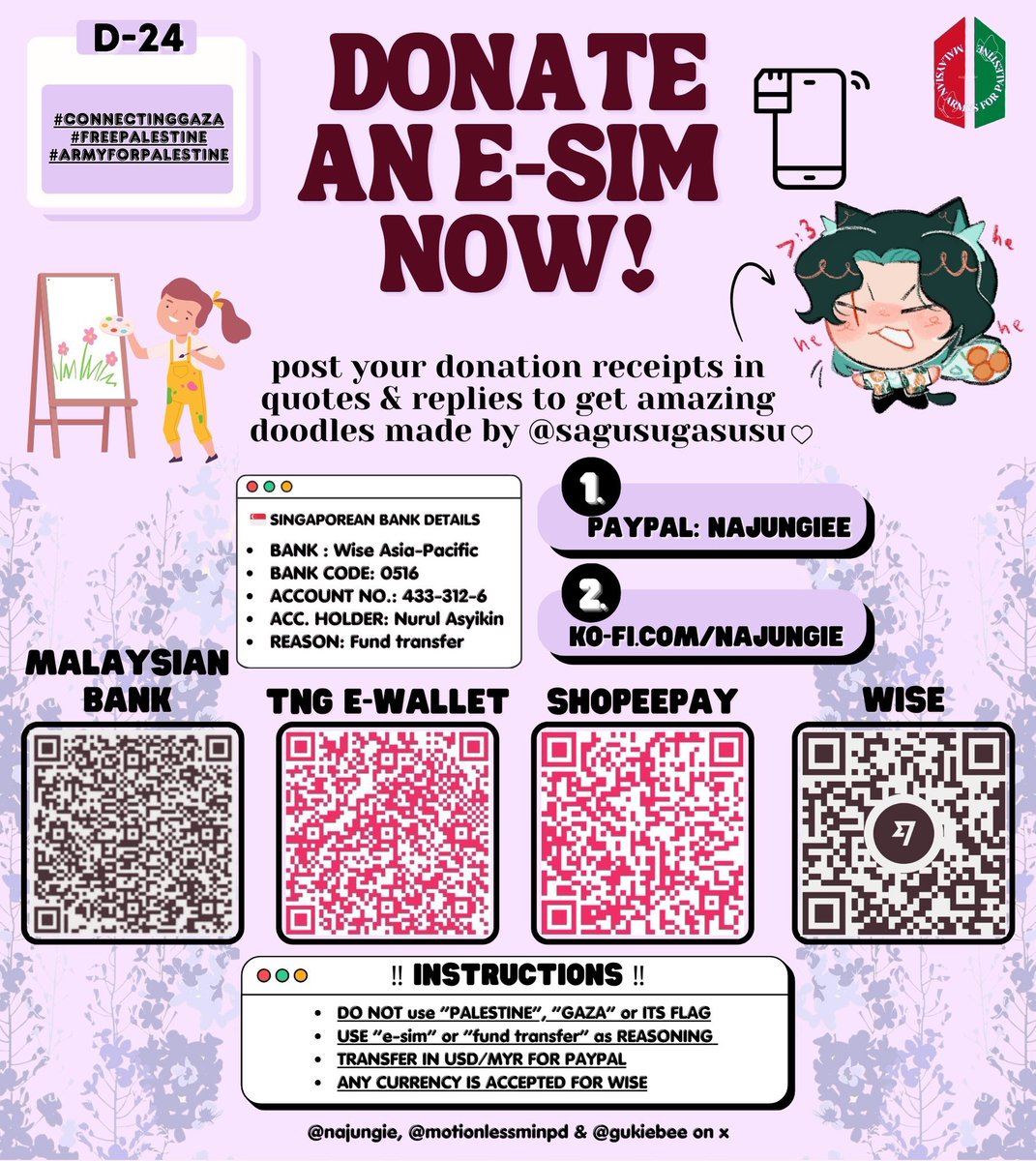 🎨 Donate an e-SIM now X @sagusugasusu❕ To get a doodle from @sagusugasusu please do reply/quote with an SS of your donation receipt 🤍 🔗 Paypal : paypal.me/najungiee (please strictly send in USD for paypal) 🔗 Wise : wise.com/pay/me/nurula9… 🔗 Ko-Fi :