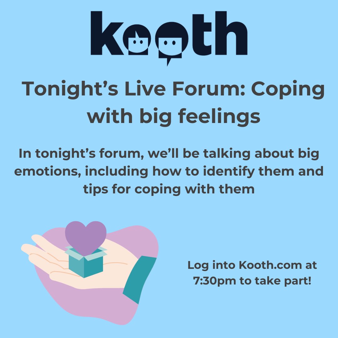 Tonight's Live Forum: Coping with big feelings

We're going to be talking about big emotions, how to identify them and tips for coping with them 🫶

Log into kooth.com at 7:30pm to take part!
