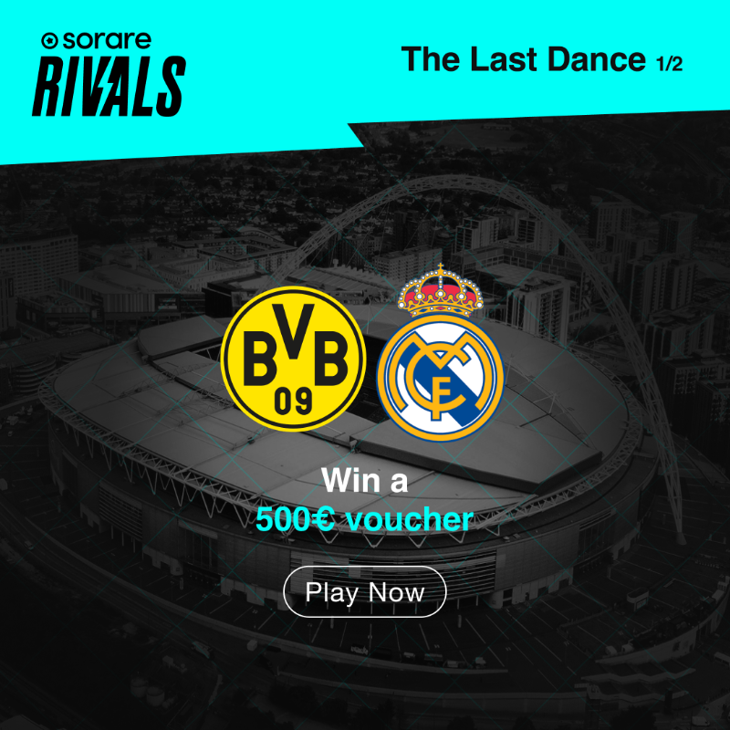 Sorare's tweet photo. 𝗧𝗵𝗲 𝗟𝗮𝘀𝘁 𝗗𝗮𝗻𝗰𝗲. 🕺

1️⃣ - Set your #SorareRivals lineup for the #BVBRMA game, score 350+ pts, and win a €500 voucher

2️⃣ - Share your squad on X with the hashtag #UCLfinal + tag @Sorare for a chance to win Limited 24/25 (!) cards 

So, what are you waiting for? 😍