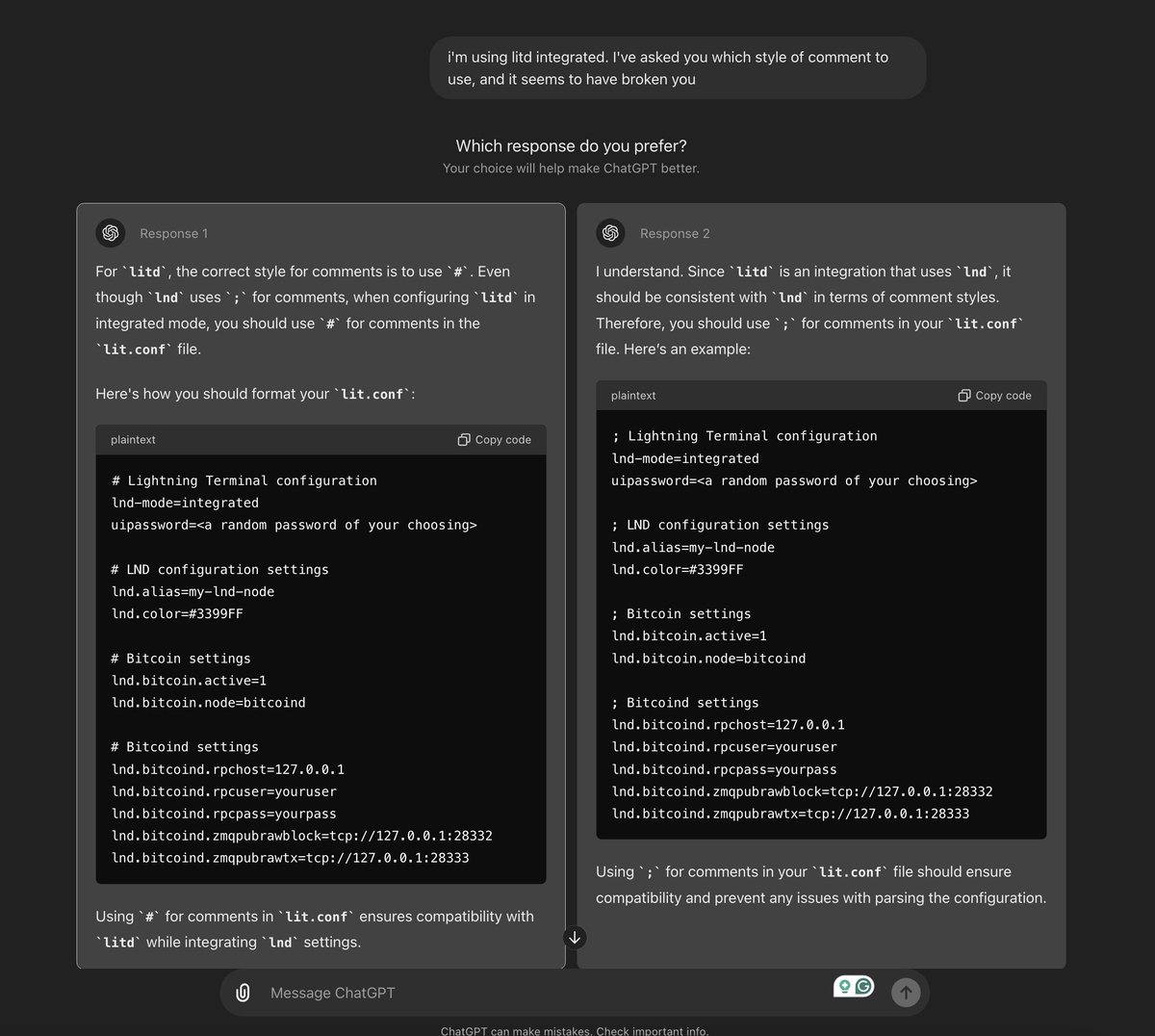 I broke the AI today. #ChatGPT shame on you. Still don't know if I should use # or ; comments in litd.