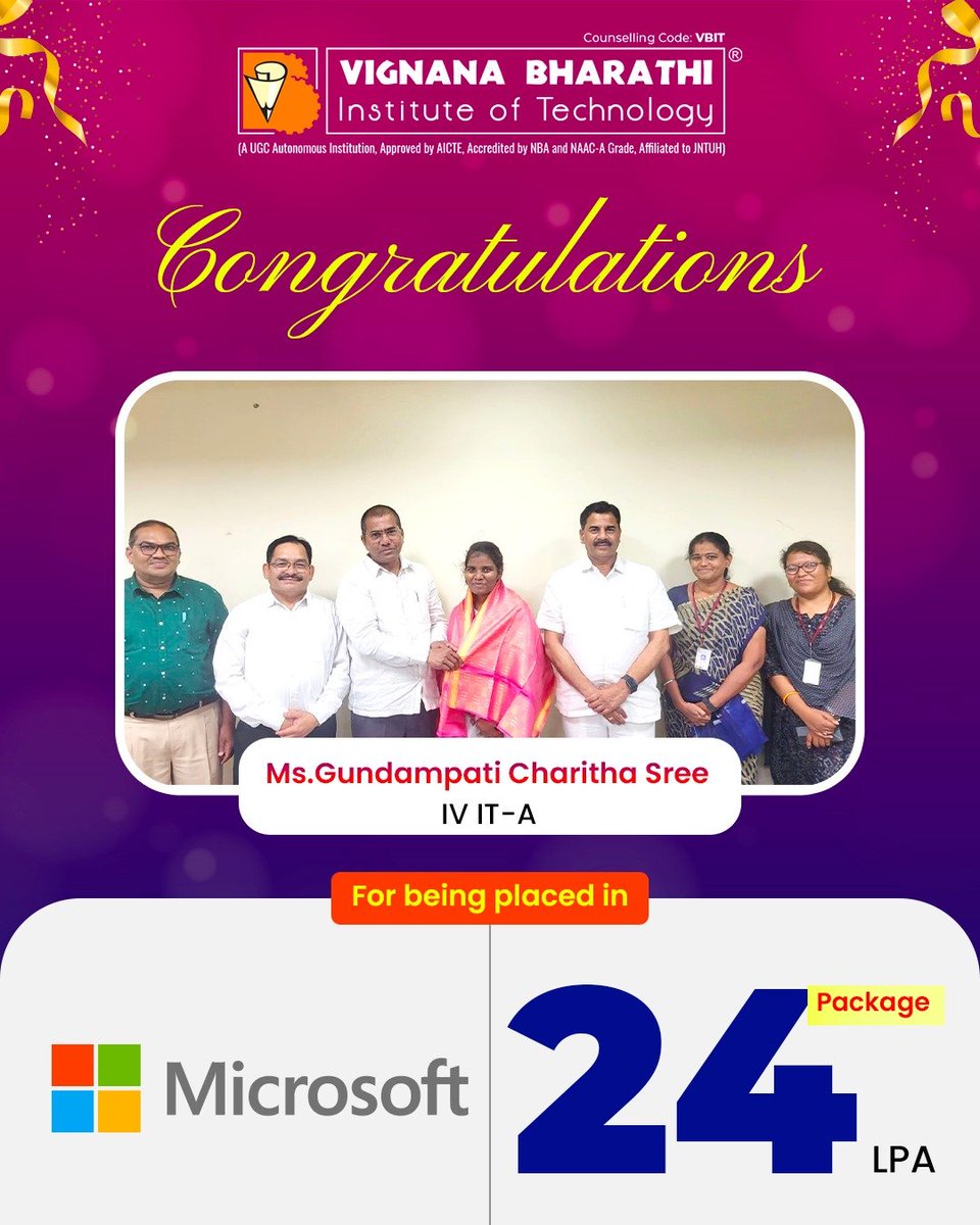 The management has felicitated Ms. Gundampati Charitha Sree, IV IT-A, for securing a #Placement at #Microsoft with an impressive package of #24LPA. #Congratulations🤝👏🎉on this outstanding #Achievement!

#VBIT #Placements #VBITProud #CareerSuccess #Placements2024 #2024Batch #Job
