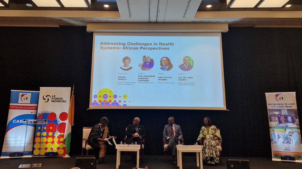 Ministers of Health from Malawi🇲🇼@health_malawi & Zambia🇿🇲 @mohzambia & the Director-General of @AfricaCDC are delving into the complexities of the challenges faced by African health systems, including workforce, supply chains, infrastructure & sustainable financing. #WHA77