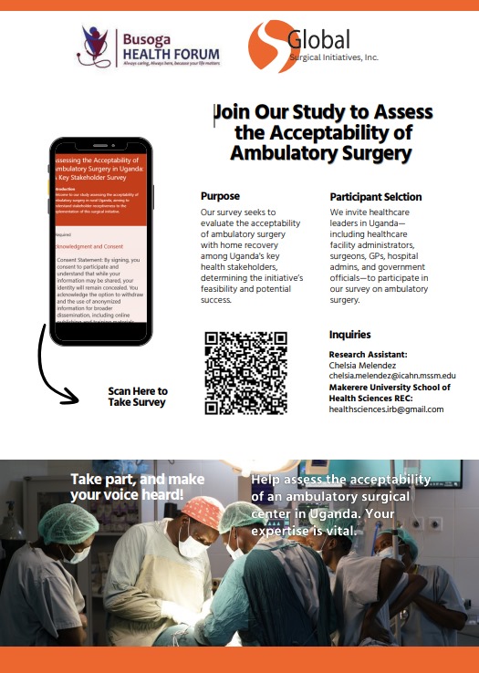 Help @GSI_Kyabirwa & @BusogaHealth improve surgical care in Uganda! 
Join our study to 'Assess Acceptability of Ambulatory Surgery'. Just 10 mins of your time can make a big difference!  
Survey: rb.gy/2e4n6w 
Website: studentaccount6.wixsite.com/kscresearch 
#BetterCare #GlobalHealth