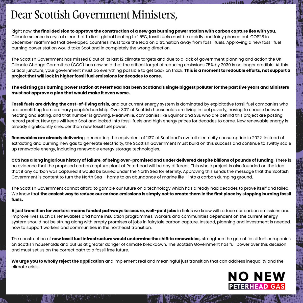 44 organisations tell @scotgov to reject plans for a new fossil gas burning power station at Peterhead. @JohnSwinney @MairiMcAllan @GillianMSP