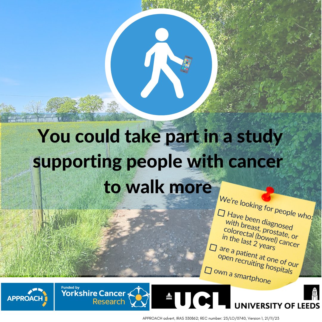 #APPROACHtrial is recruiting from several hospitals in Yorkshire – exploring whether a support package including a mobile app can help cancer patients to walk more. To find out more go to → tinyurl.com/approach-leafl…