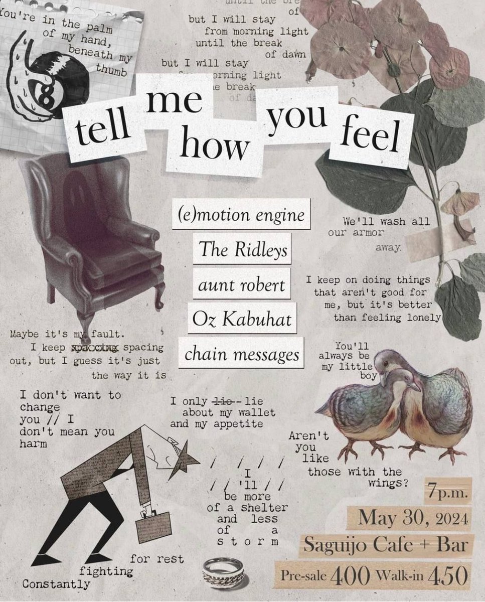 🥕 GIVEAWAY

We're giving away 3 tickets for the "TELL ME HOW YOU FEEL" gig tomorrow at 7 p.m. at Saguijo Cafe + Bar. 
 
- RT
- Follow us, <a href="/happycameal/">THE carrot mayor 🥕</a>, <a href="/ocho3x/">Ocho, The Bullet 🌐</a>, &amp; <a href="/e_motion_engine/">(e)motion engine</a>  
- Reply your proofs

The first 3 to reply get the spots, thank you, and good luck! 

#CarrotMayor