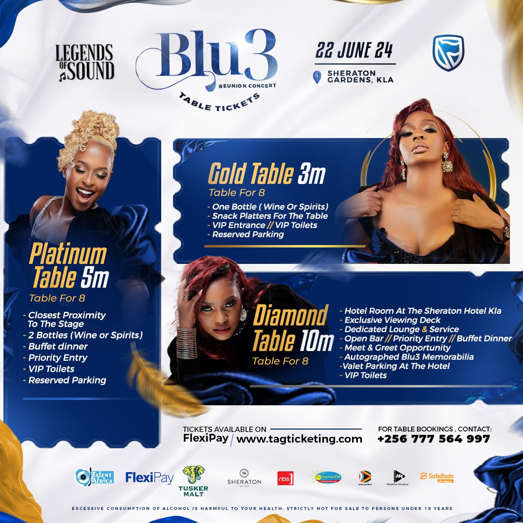 EXPERIENCE THE ULTIMATE BLU3 REUNION CONCERT LIKE A VIP! The wait is almost over, and we're excited to announce that Blu3's table packages are now available! Choose from the exclusive packages: - 3M Package: Enjoy premium seating and personalized service. #tagEvents 👇🏿👇🏿