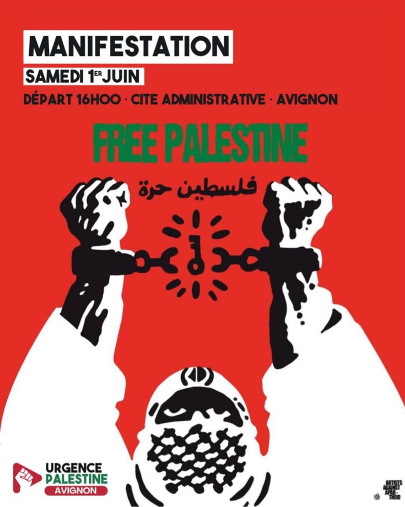 as salam aleykoum, pour ceux d’avignon que ça intéresse la prochaine manifestation pour la palestine se fera le samedi 1er juin à 16h à la cité administrative ! 🇵🇸
