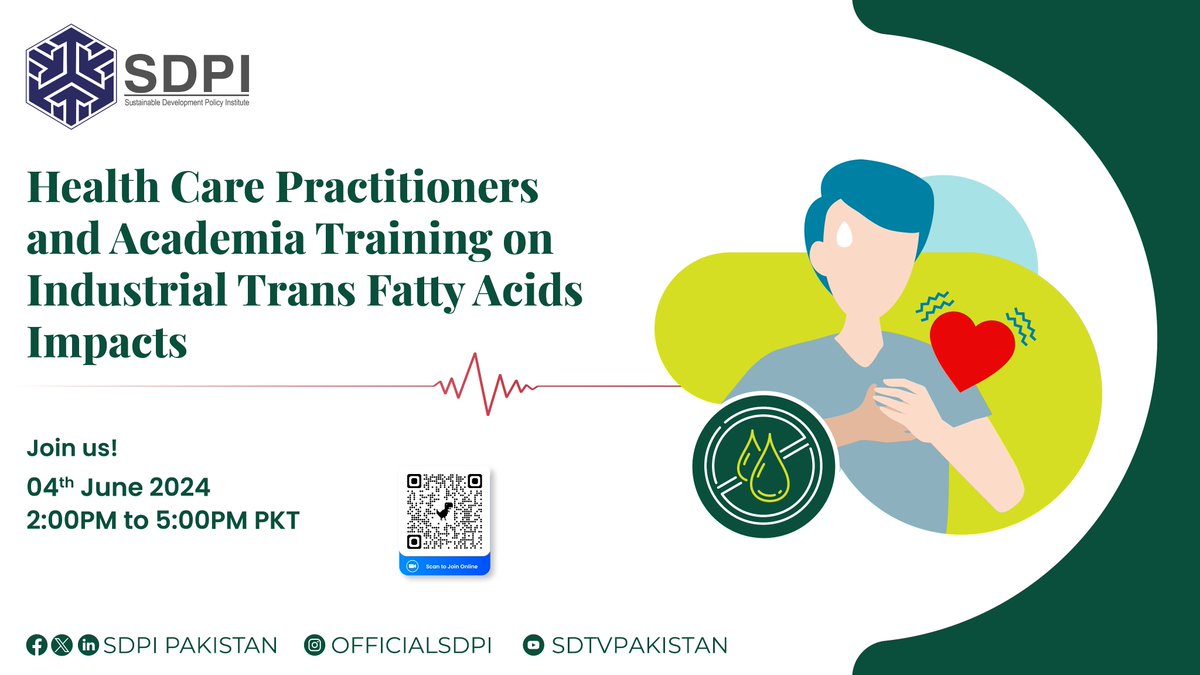 🗓️ SDPI is organizing a training regarding🔽 📚 Health Care Practitioners and Academia Training on Industrial Trans Fatty Acids Impacts 📚 Join us to explore the crucial impacts of industrial trans fatty acids on health and learn how to combat these effects through informed