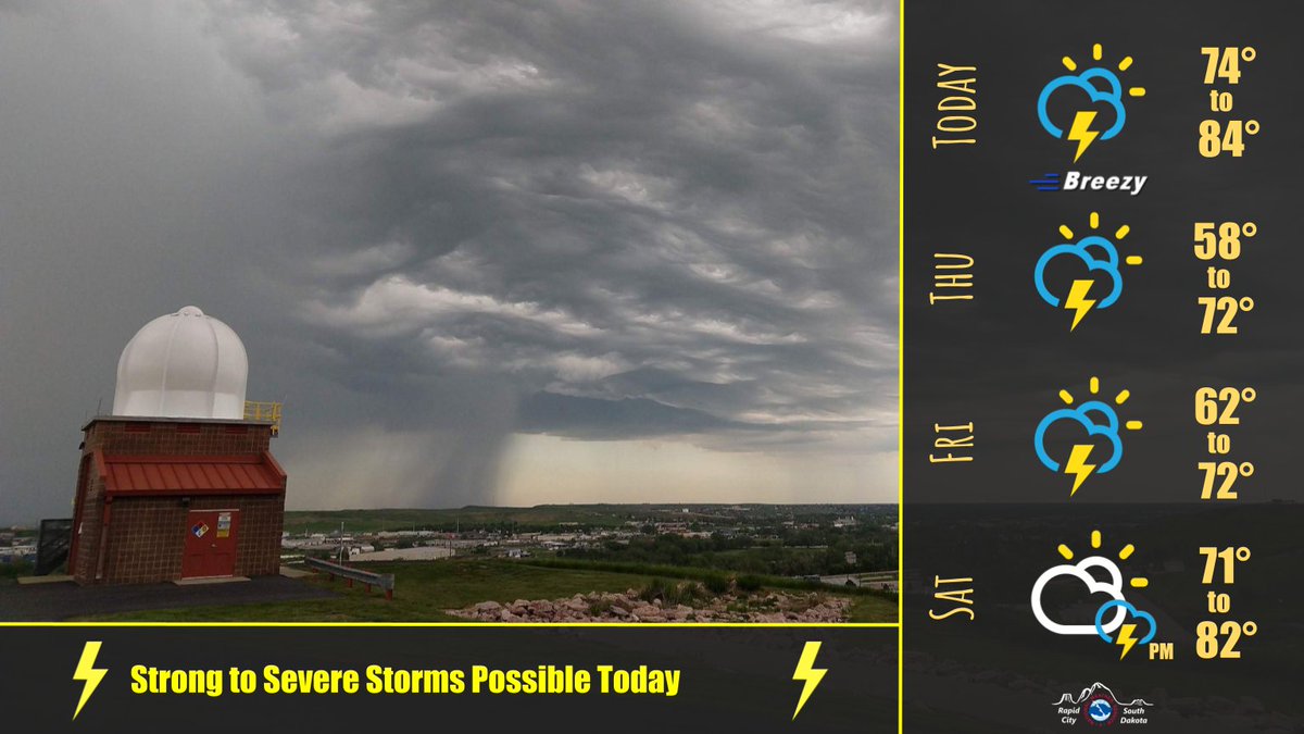 Warm today with breezy southerly winds through the day. Gusts of up to 40 mph possible across the western SD plains. Scattered strong to severe storms are possible this afternoon with damaging winds and large hail being the main threats. Stormy through the weekend. #sdwx #wywx