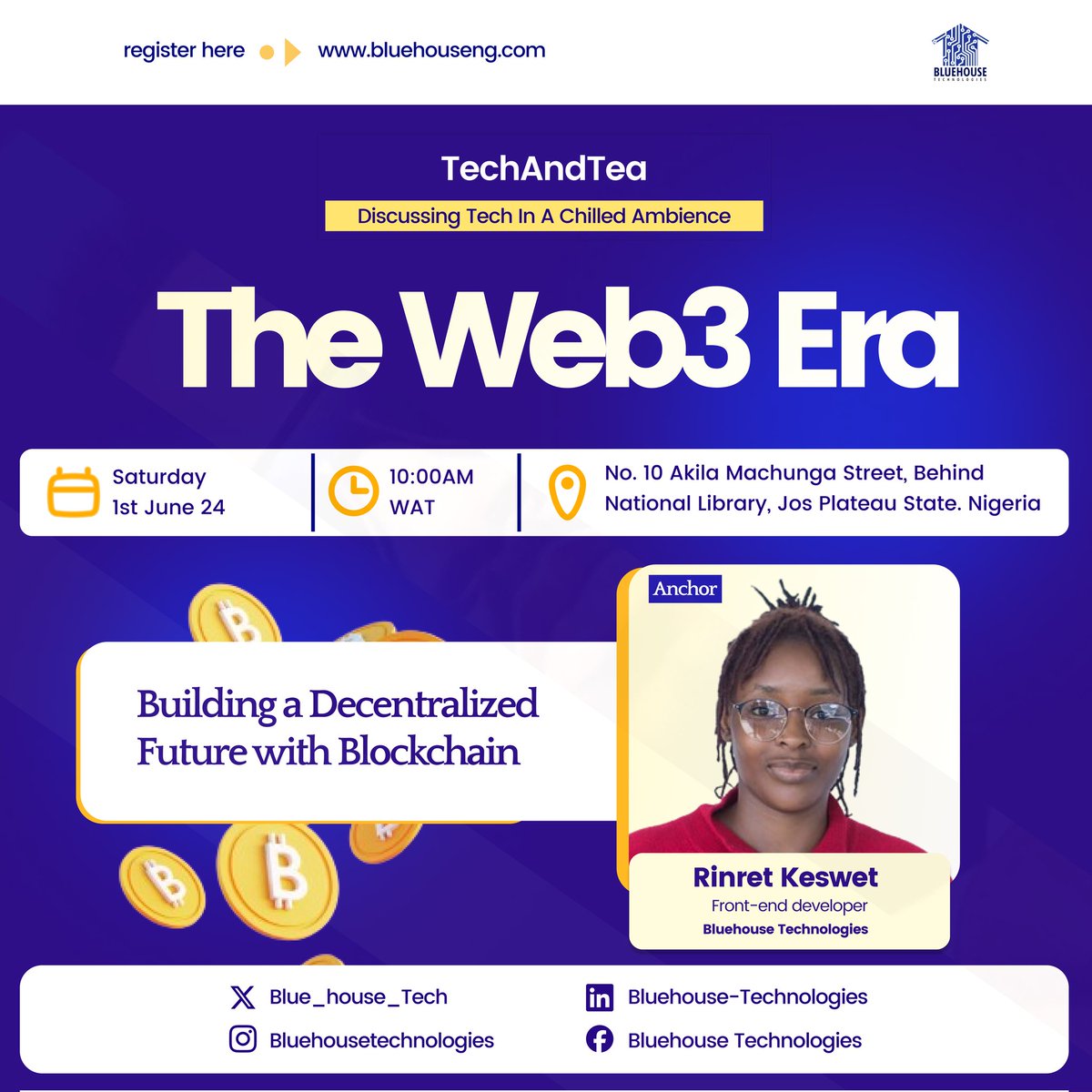 Blue_House_Tech's tweet photo. #techandtea is a FREE monthly tech event hosted by @Blue_House_Tech 💻☕we talk tech and sip tea ☺️😍
Make it a date with us this Saturday, June 1st.
Follow us for more updates 🤗
#bluehousetechnologies #bluehouse #Solana #crypto #web3 #learn #innovate #impact #techfact #Jos https://t.co/d10uovFjle
