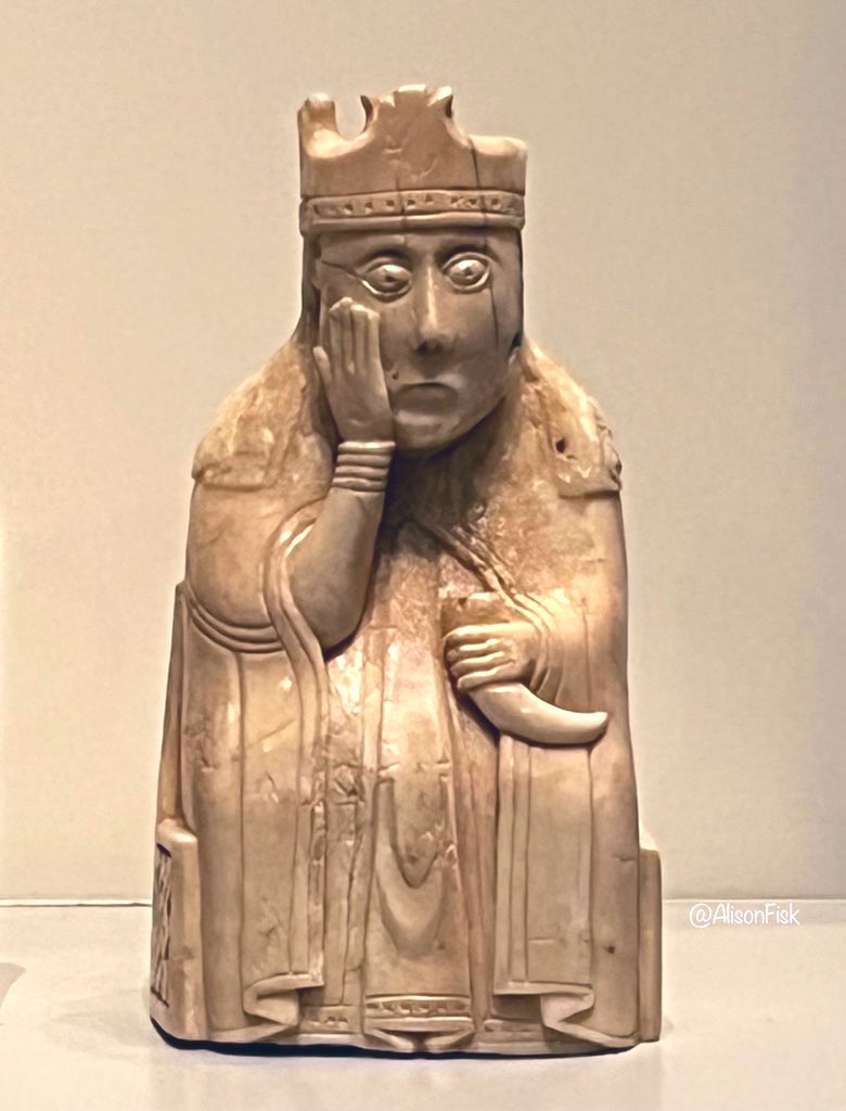 Queen chess-piece from the famous 12th-century ‘Lewis Chessmen’.

A look that seems to say ‘We are not amused!’ 😁

This characterful medieval chess piece was carved from walrus ivory c. 1150-1200. From a large gaming hoard with around 80 chess pieces, found on the Isle of Lewis,