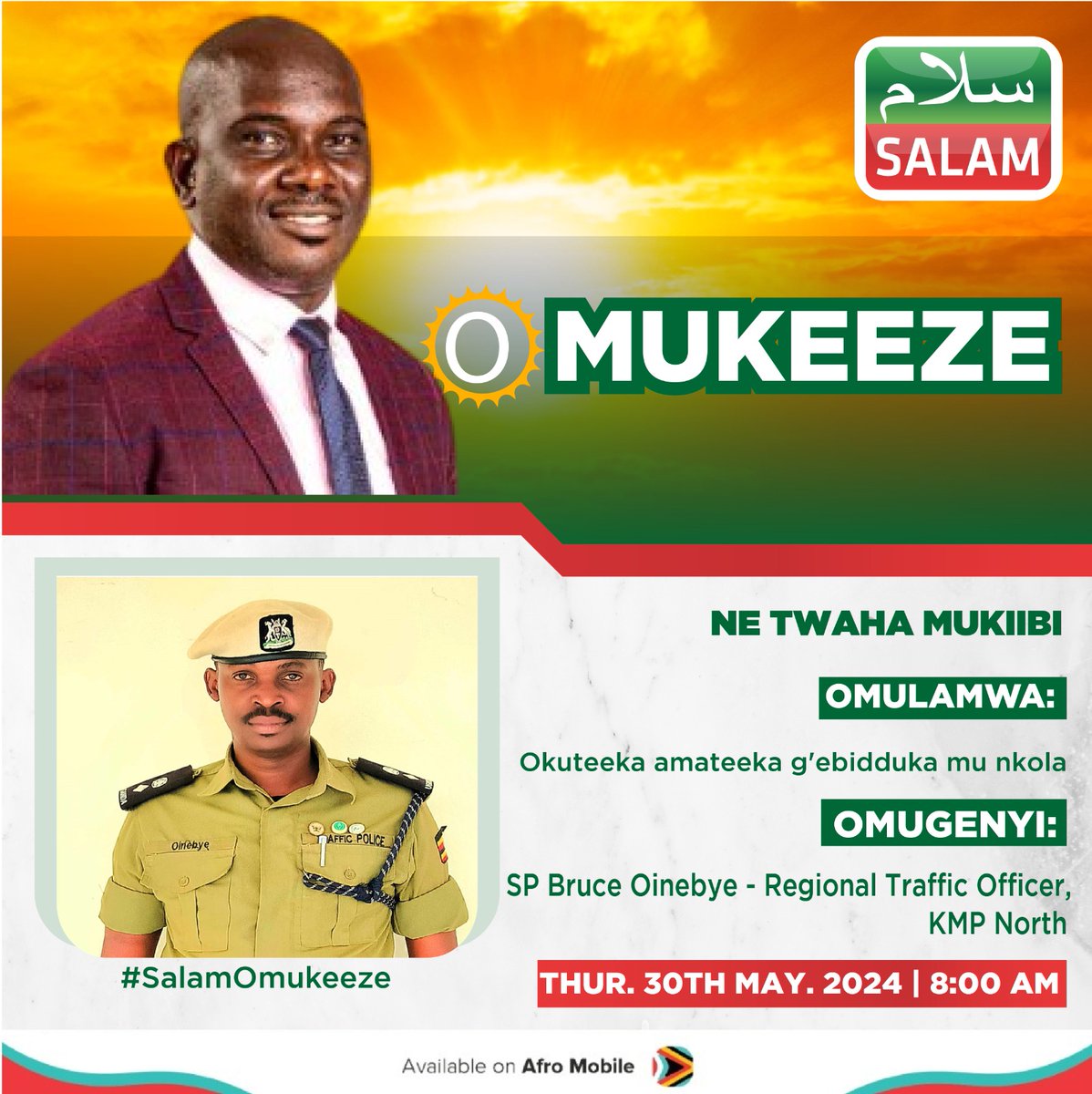 Join @mukiibi_twaha on #SalamOmukeeze tomorrow at 8:00 am for a crucial conversation with SP Bruce Oinebye, Regional Traffic Officer for KMP North, as they delve into the vital topic of road safety and the strict implementation of traffic rules. #SalamUpdates