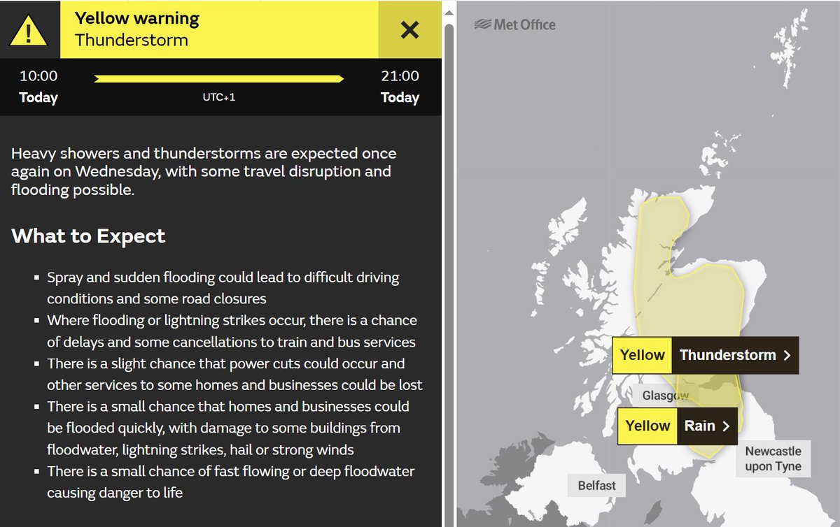 ⚠️ YELLOW WEATHER WARNINGS⚠️ The @metoffice has issued YELLOW warnings for ⛈️THUNDERSTORMS⛈️ and 🌧️ RAIN🌧️ Thunder-29/05 10:00-21:00 Rain- (29/05) 21:00- (30/05) 04:00 Further info can be found here: bit.ly/3mi4ciZ Safety advice : bit.ly/3PP5axD