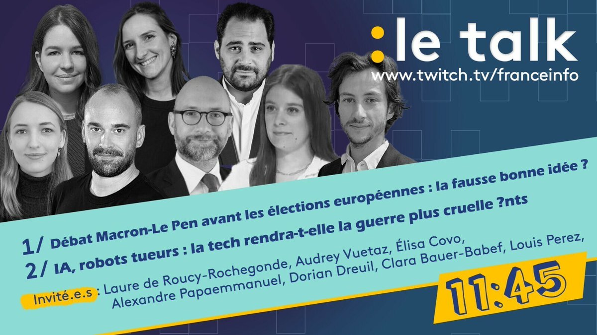 C’est maintenant dans le #Talk ! De 12h à 14h, on parle d’Emmanuel #Macron, de sa visite en #Allemagne avant les élections européennes et du débat #Attal / #Bardella. Puis on ira explorer les zones d’ombres de l’#IA militaire, des robots tueurs et des armes létales autonomes…