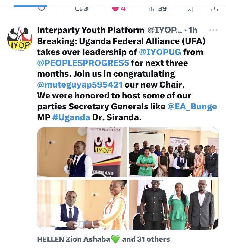 Over the weekend i moderated a very wonderful conversation with amazing panelists @gkasumba @AshabaZion @AgabNelson at the Inter Party Youth Platform @IYOPUG handover ceremony. “Bridging political divide strategies for fostering constructive dialogue and cooperation among youths