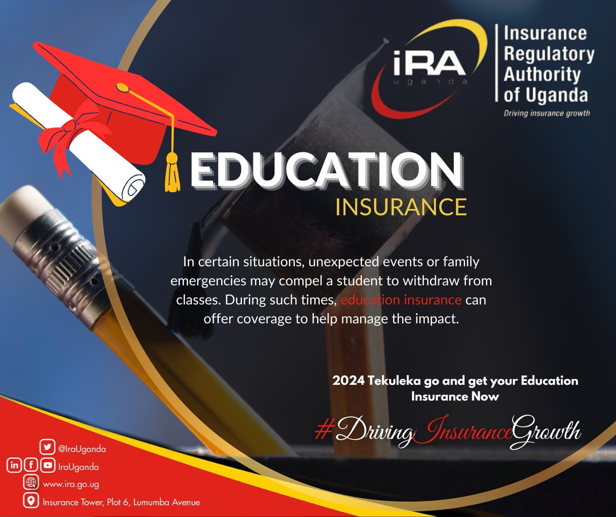 IraUganda's tweet image. Education insurance provides financial protection for students who must withdraw from classes due to unexpected events or family emergencies, ensuring minimal disruption to their educational journey.

#StudentProtection #EmergencyCoverage #UnexpectedEvents #BeInsured #InsuredNow