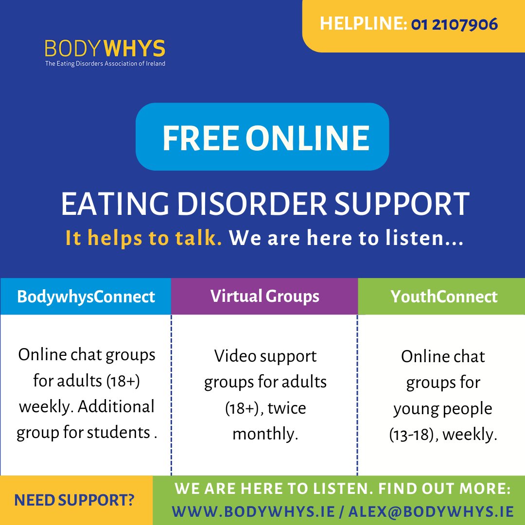 🔔Upcoming free online support groups 🔔

BodywhysConnect (18+) - Wednesday, May 29th, Monday, June 3rd
YouthConnect (13-18) – Sunday, June 2nd
Virtual Support Group (18+) - Wednesday, June 5th

Each group starts at 7.30pm.

Find out more here: bodywhys.ie/recovery-suppo…

@NCP_ED